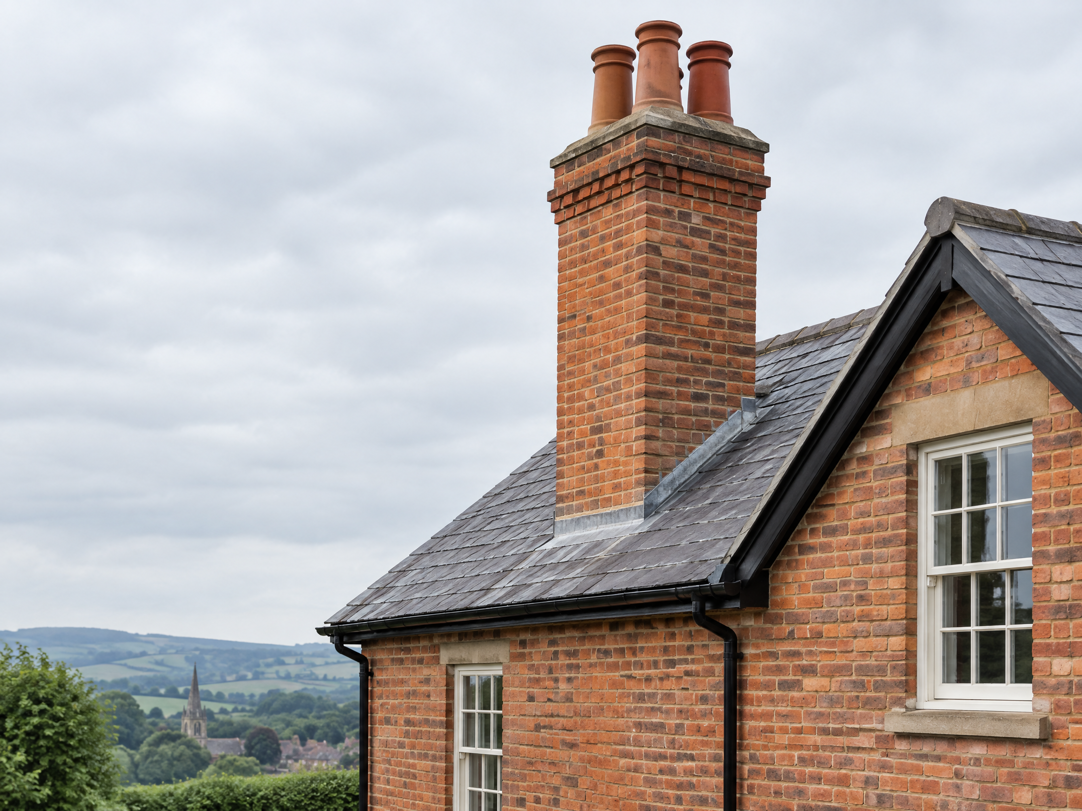 Restored brick chimney above a traditional slate roof