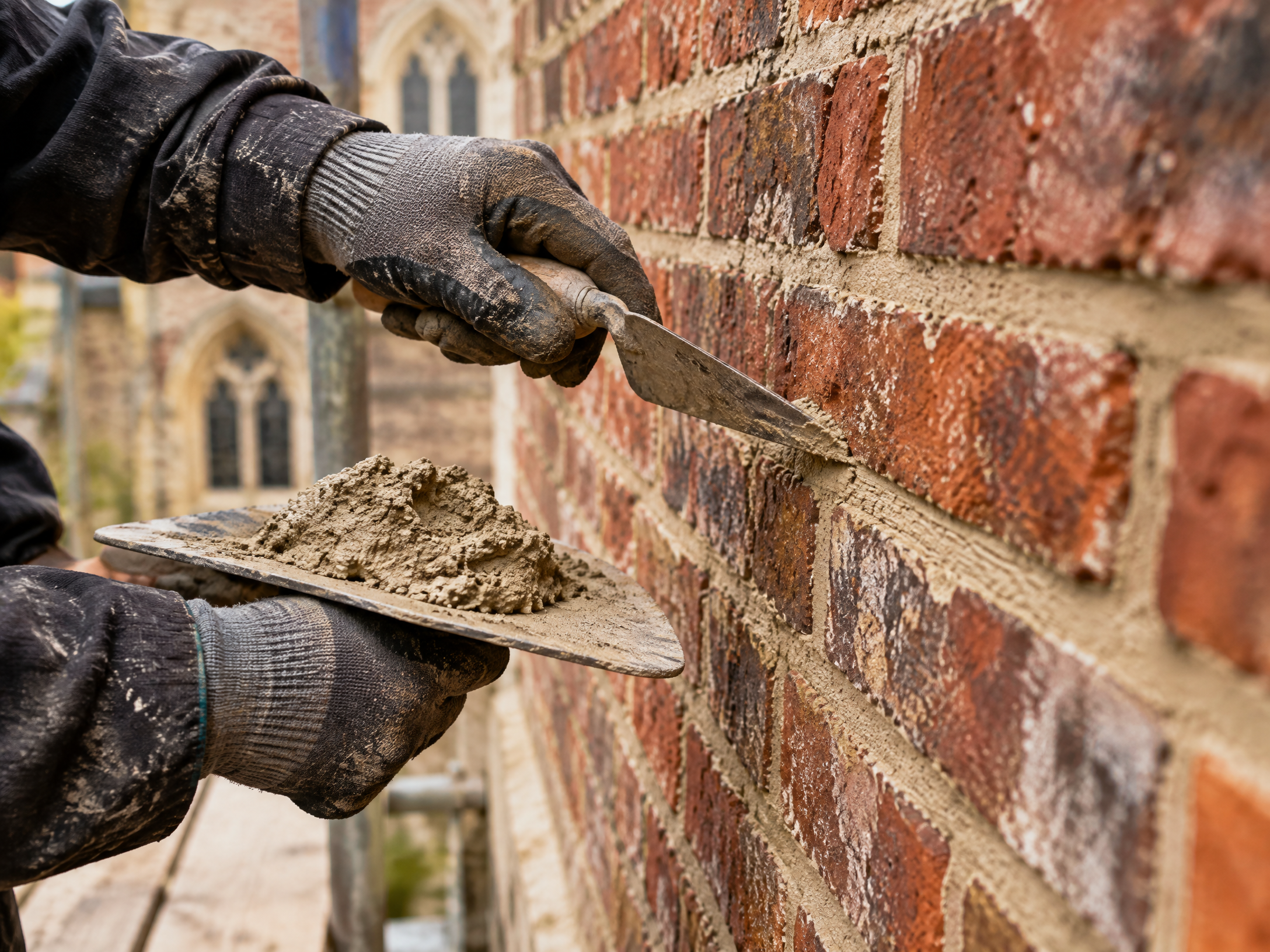 Gloved hands carefully applying lime mortar to brickwork